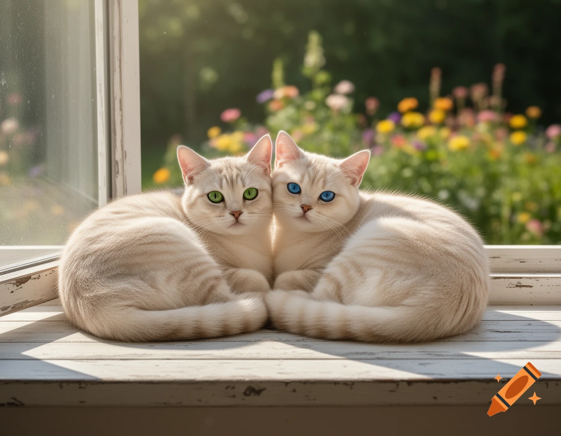 Two fluffy white cats with different colored eyes sit side-by-side on a sunlit wooden windowsill, looking towards the viewer. A blurry garden with flowers is visible through the window.