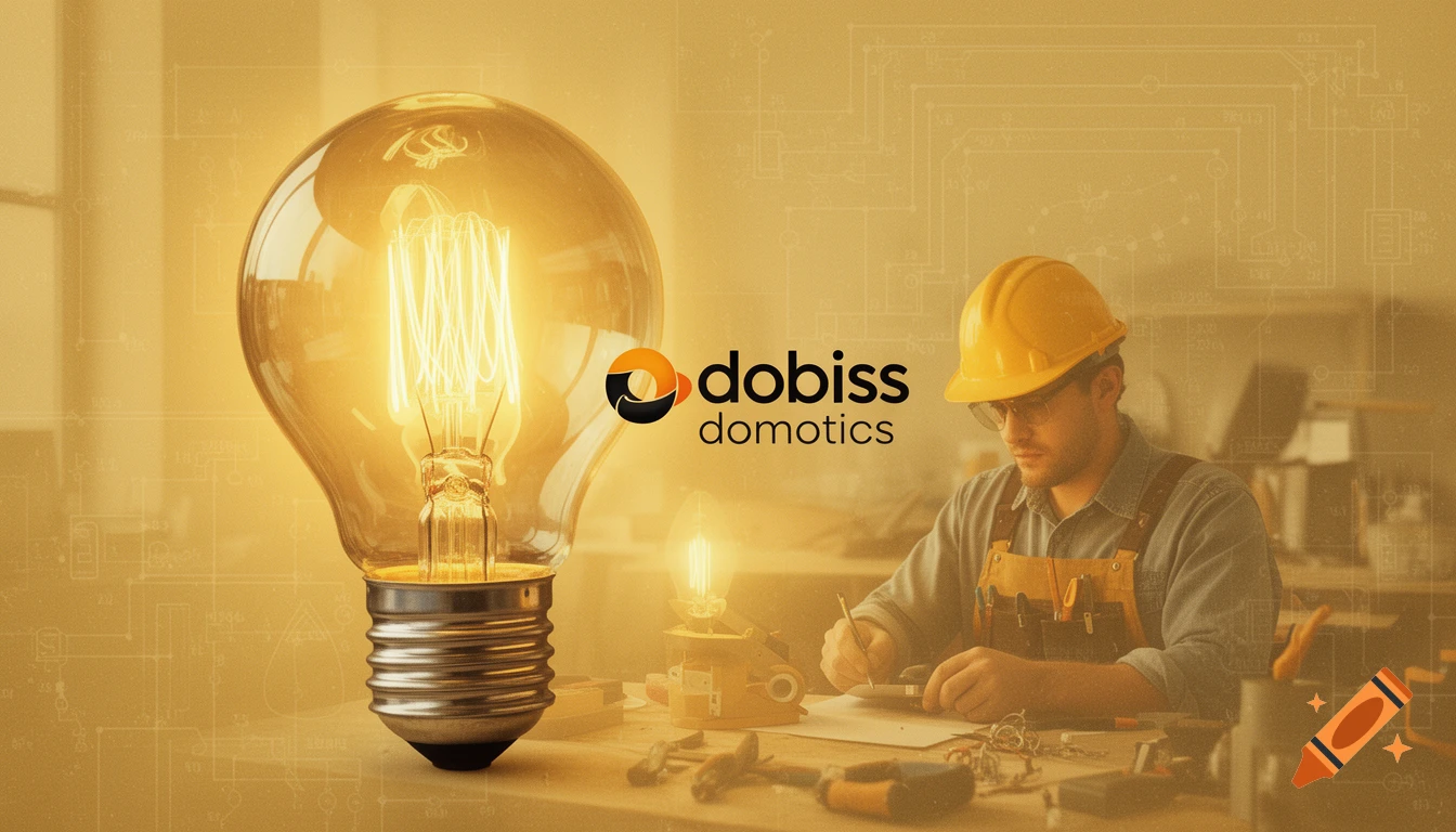 A glowing lightbulb next to an electrician working at a desk with the 'dobiss domotics' logo.