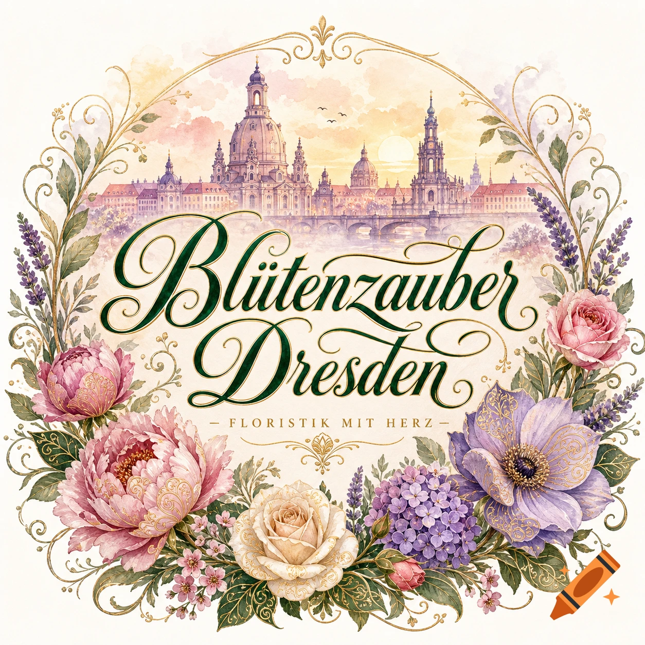 A watercolor logo of "Blütenzauber Dresden" with a floral frame, the Dresden cityscape at sunset, and ornate text.