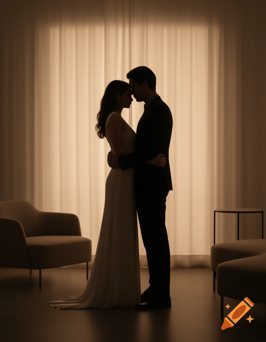 A silhouetted couple embraces intimately in a dimly lit room with a sheer curtain in the background and minimalist furniture.