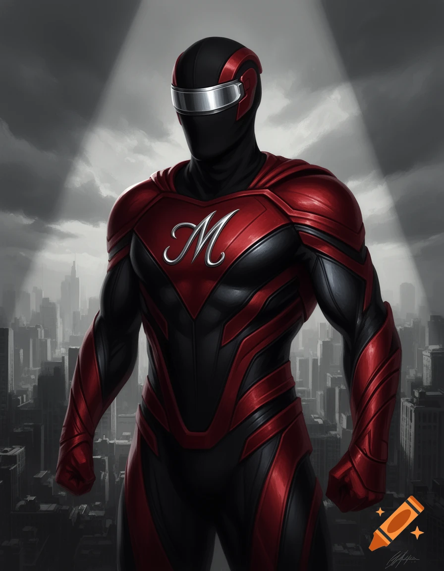 A superhero in a black and red suit with a silver visor and a cursive 'M' logo, standing against a dark city skyline.