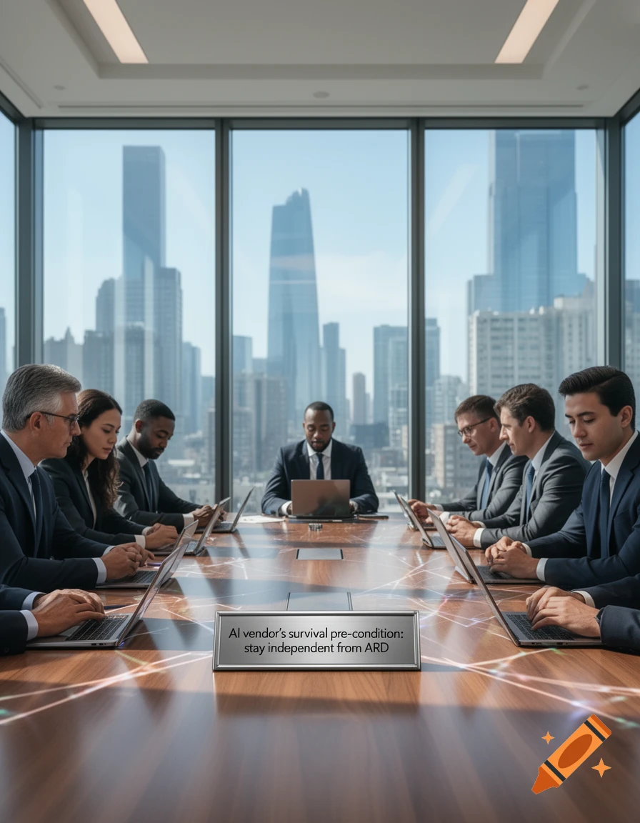 Executives in suits meet around a conference table with laptops and a sign, city skyline outside.