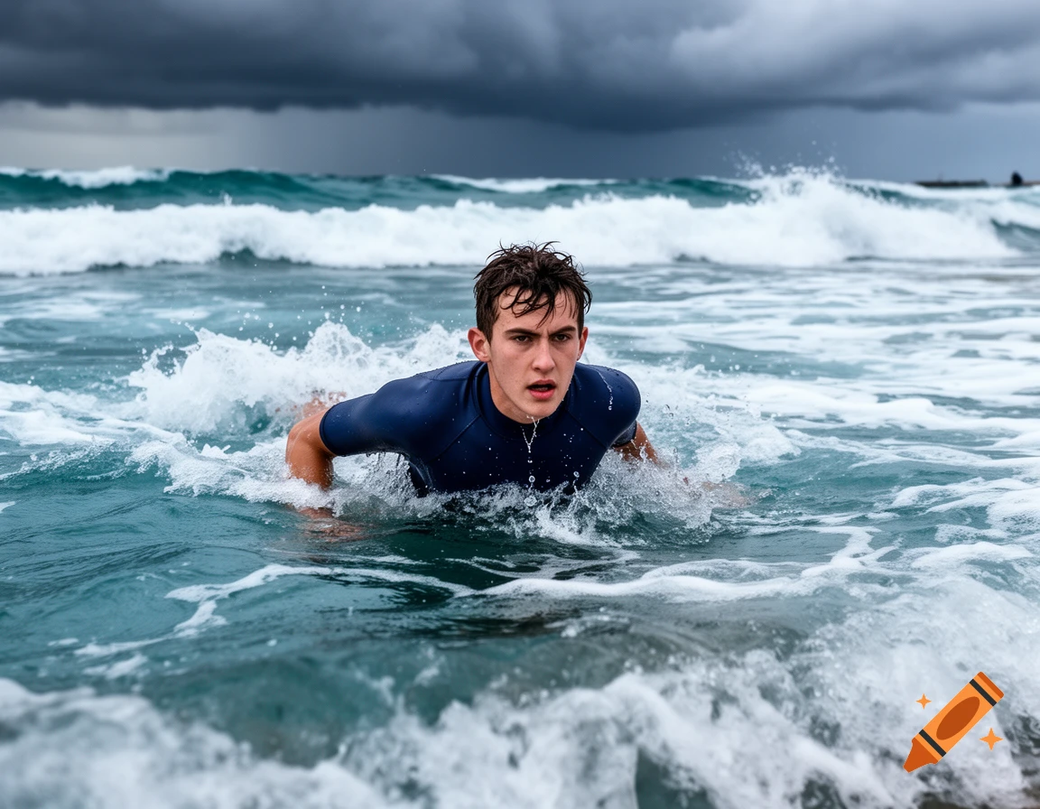 A young man in a dark blue rash guard pushes through choppy ocean waves under a dramatic, cloudy sky.