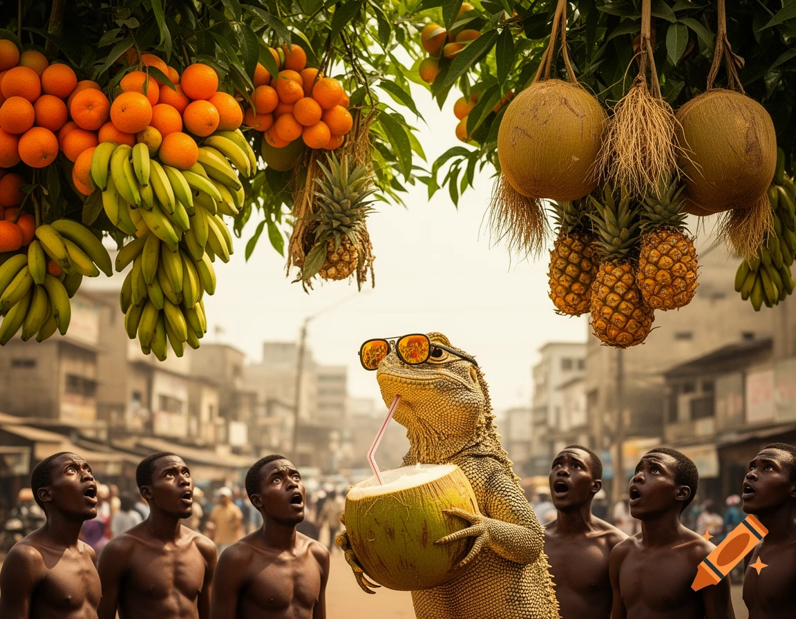A human-sized lizard wearing sunglasses drinks from a coconut while standing among surprised men, with abundant fruit trees overhead in a city street.