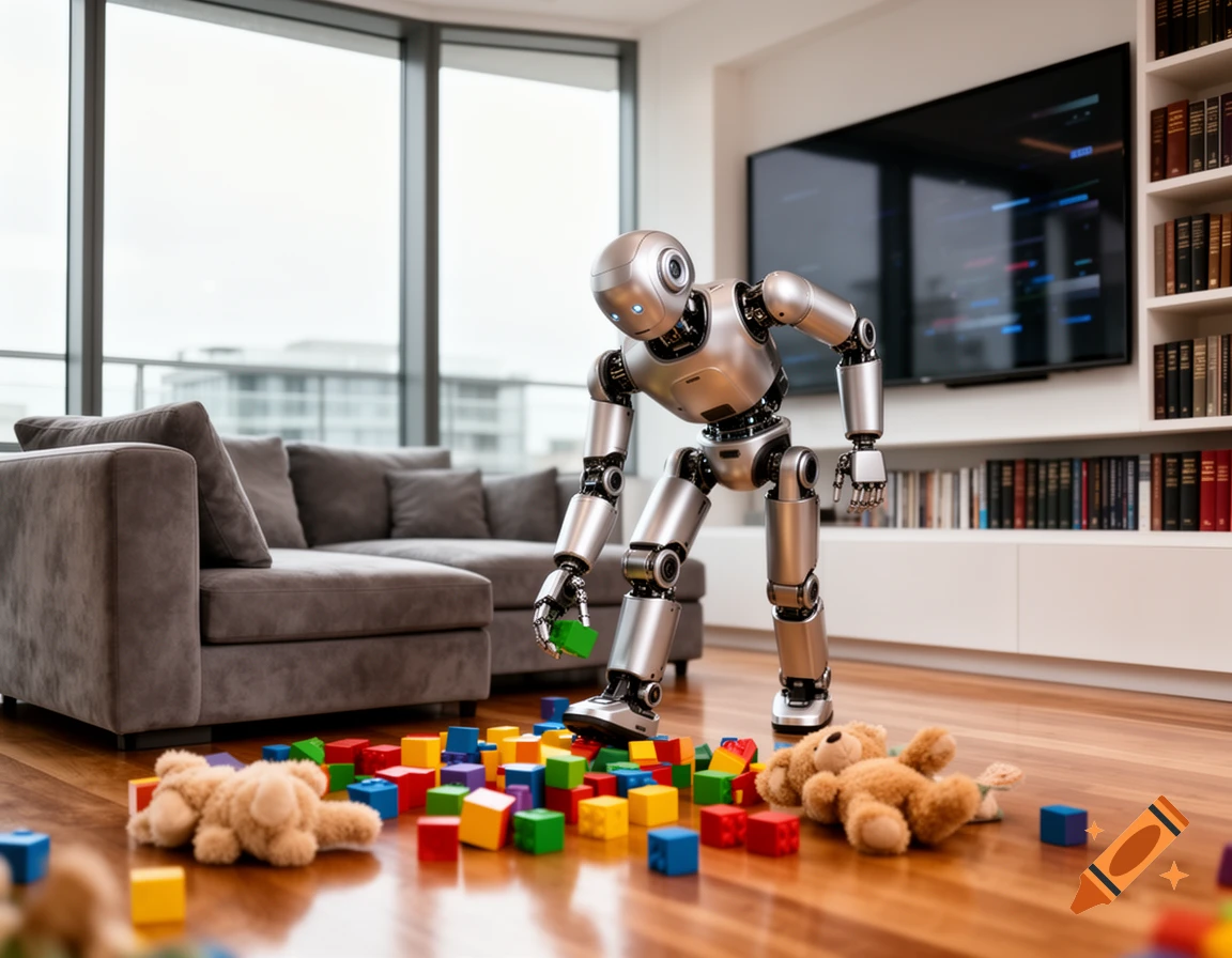 A silver robot picks up colorful toy blocks and teddy bears from a wooden floor in a modern living room.