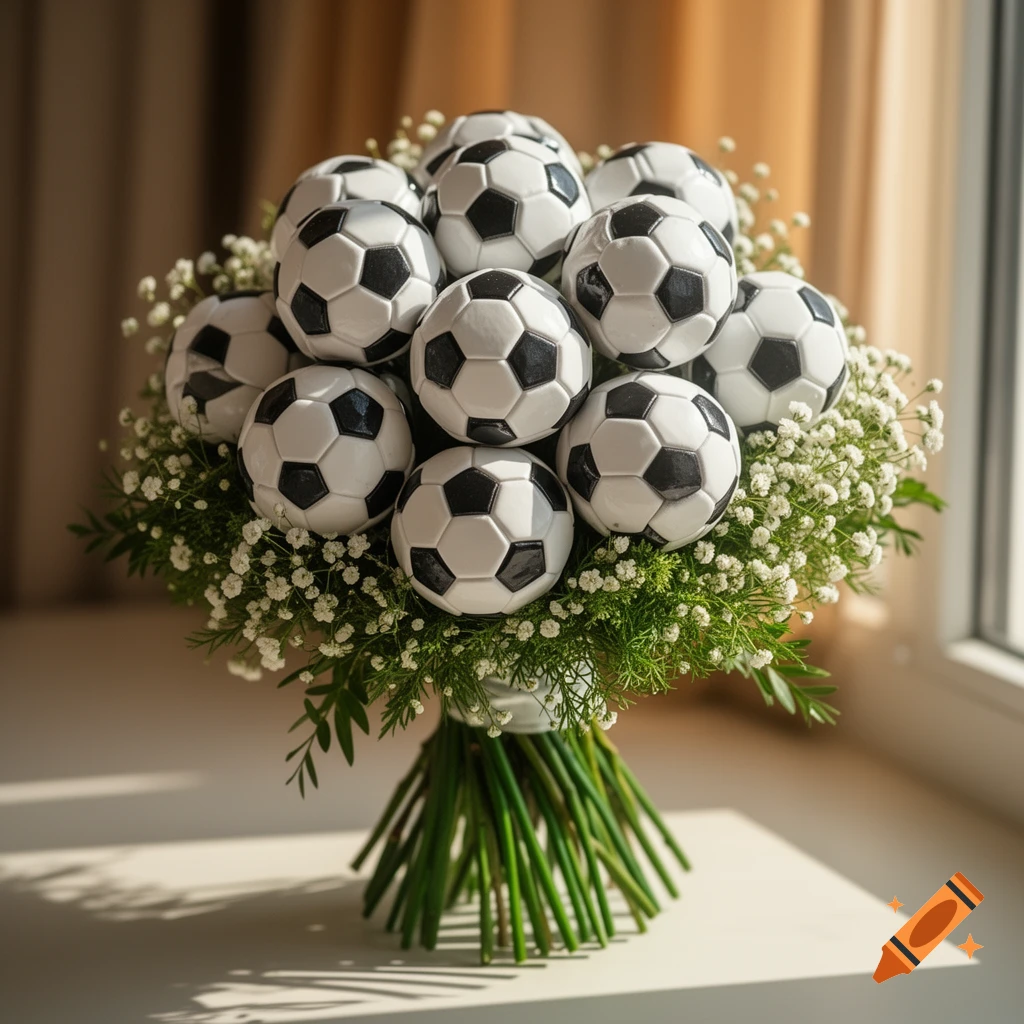 A photorealistic bouquet of black and white soccer balls, white baby's breath, and green foliage, tied with green stems, on a light surface.