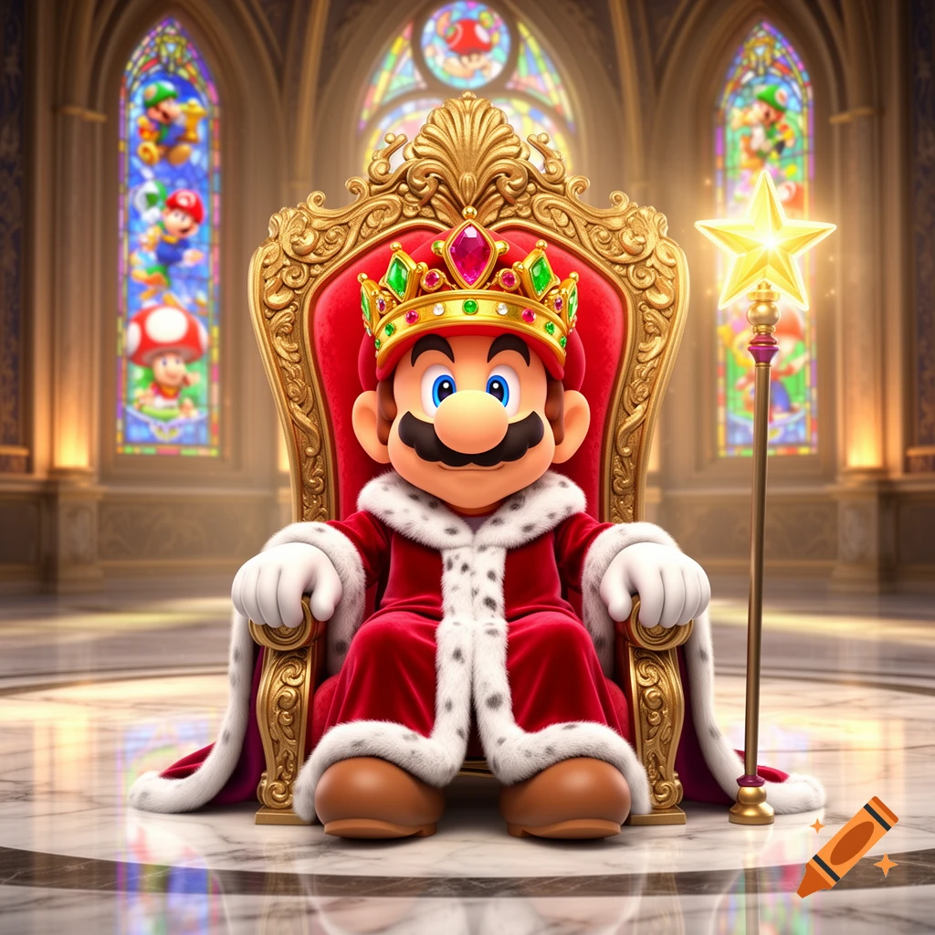 Mario as a king in a red robe and crown, sitting on an ornate gold throne in a grand hall with stained glass windows.
