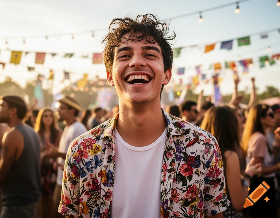 A young man in a floral shirt laughs joyfully at a sunny outdoor music festival.