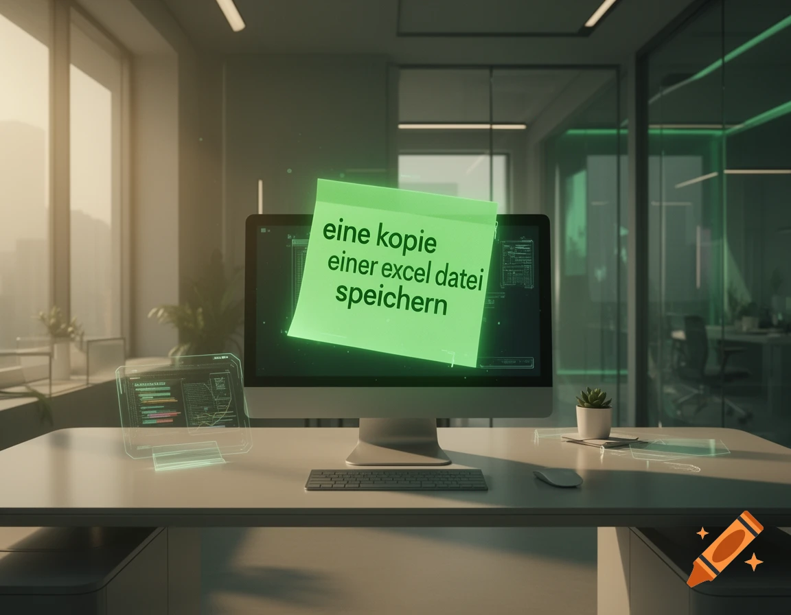 Modern office desk with computer, green glowing sticky note, transparent tablet, and a small plant, conveying a productivity reminder.