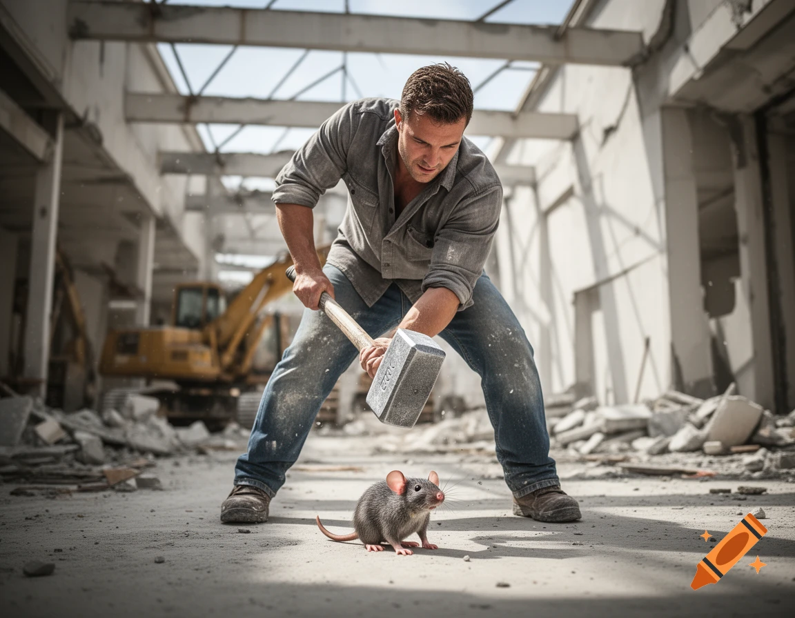 A man in a work shirt and jeans holds a sledgehammer over a rat on a concrete floor in a demolished building.
