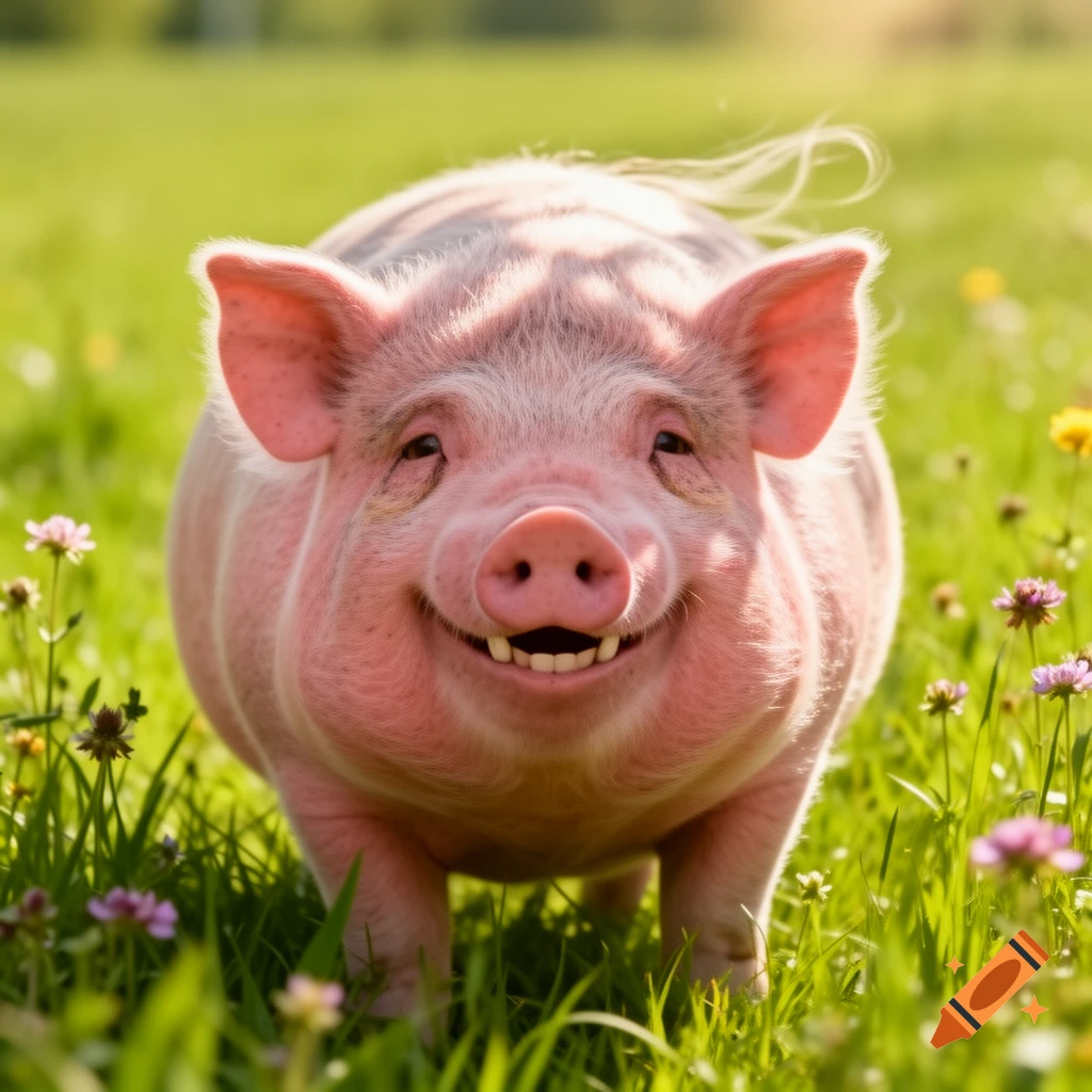 A close-up of a pink pig with a wide grin, standing in a sunny green field with small purple and yellow flowers.