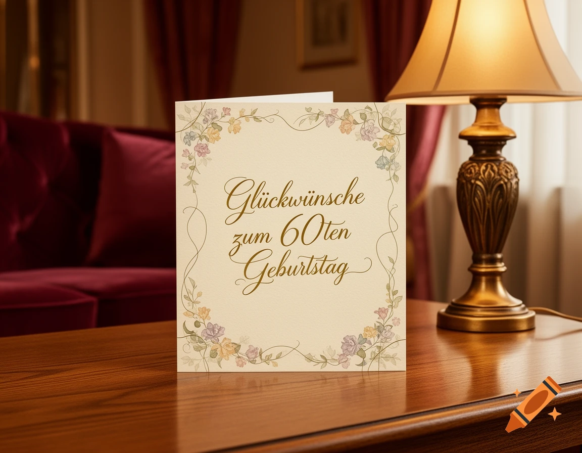 A birthday card with German text 'Glückwünsche zum 60ten Geburtstag' sits on a wooden table next to a brass lamp.