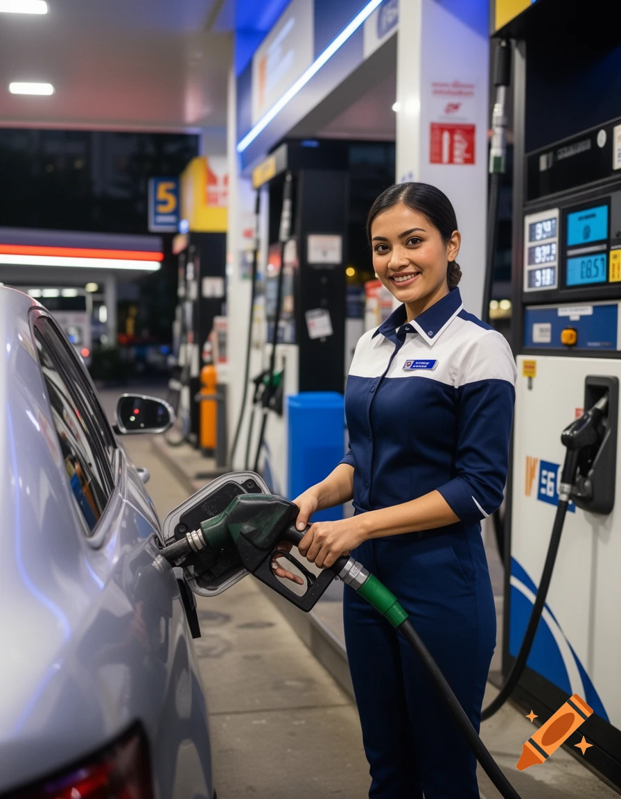 A smiling female gas station attendant in uniform refuels a silver car at night.