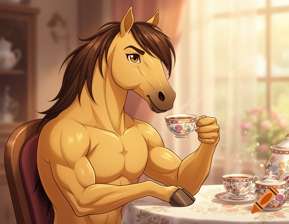 Anime-style illustration of a muscular palomino horse man with a brown mane sitting at a table and drinking a cup of tea.