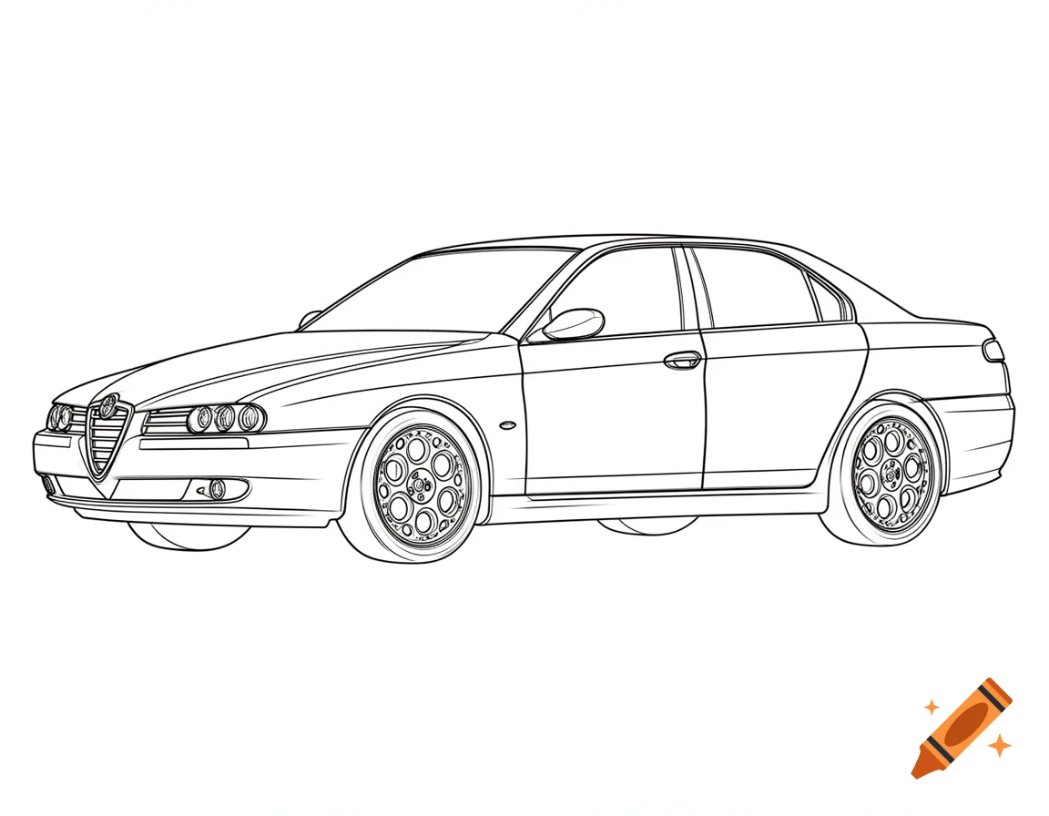Line art drawing of a side profile of an Alfa Romeo 166 sedan, suitable as a printable template.