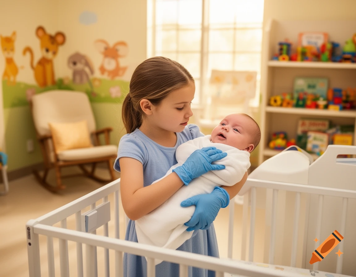 A young girl in a blue dress and medical gloves holds a swaddled baby next to a crib in a brightly lit nursery.