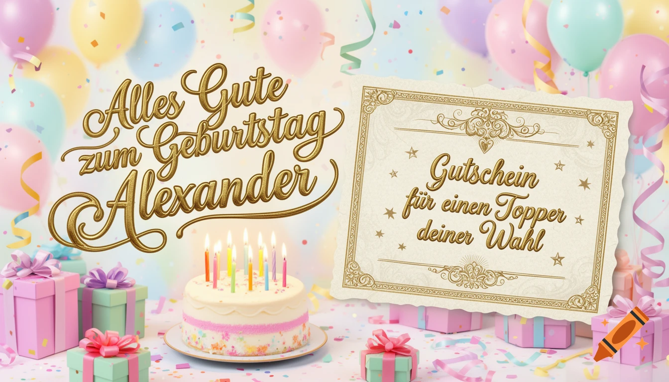 A vibrant birthday scene with balloons, confetti, gifts, a cake with candles, and German text wishing Alexander a happy birthday and offering a topper voucher.
