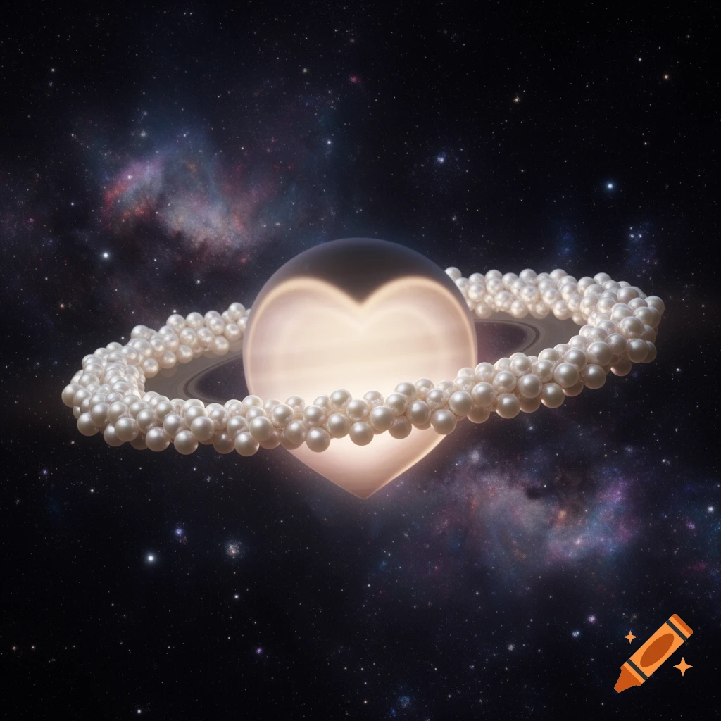 A glowing heart-shaped planet with rings made of white pearls, set against a dark starry galaxy background.