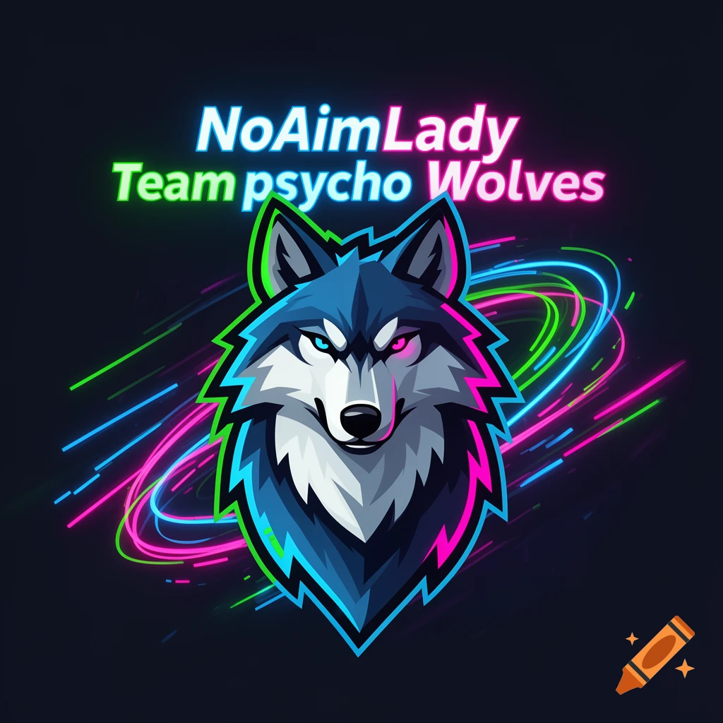 A neon blue and white stylized wolf head logo against a dark background, with glowing lines and text 'NoAimLady Team psycho Wolves'.