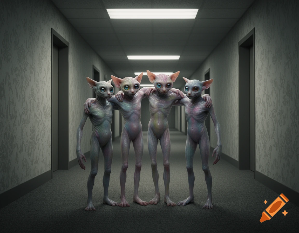 Four pale, slender, large-eared creatures with big eyes hug each other in a dimly lit, long hallway with textured walls.