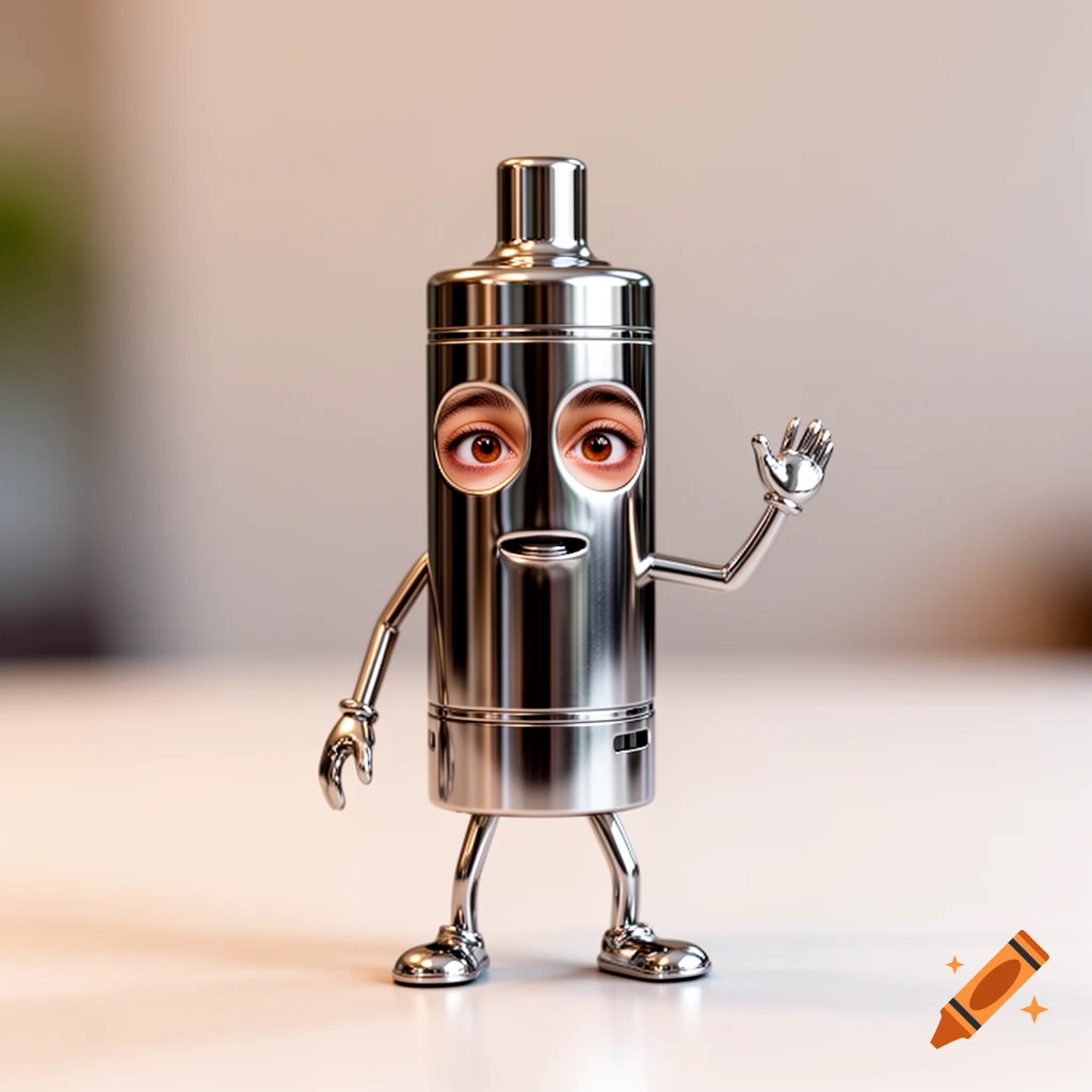 A shiny metallic cylindrical vape device personified with realistic human eyes, a mouth, arms, and legs, waving its hand.