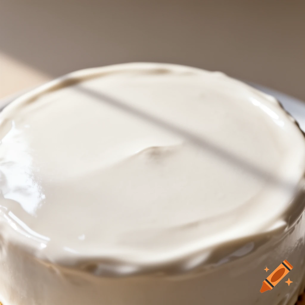 Close-up, top-down view of a white cake with seamless frosting under natural light.