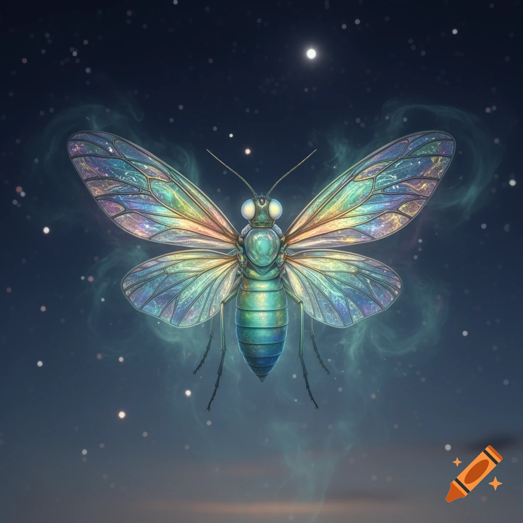 A detailed, iridescent insect with large, glowing wings against a dark, starry night sky with a single bright moon.