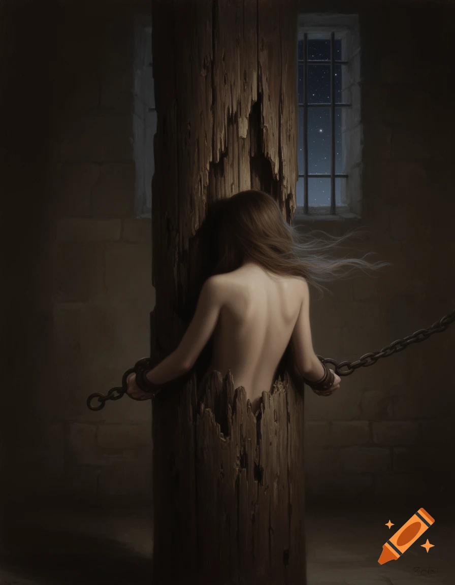 A woman with bare back chained to a rough wooden post in a dark prison cell, looking out a barred window at a starry night.