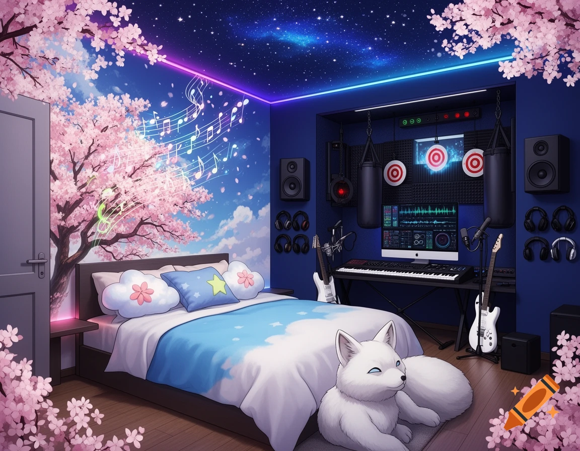 Anime bedroom with a starry sky ceiling, cherry blossom mural, bed, white fox plush, and a music studio with punching bags.