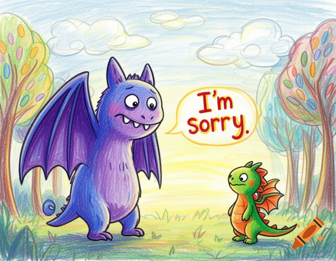 A large purple bat-like monster looks remorseful while a small green dragon stands nearby, in a crayon drawing style.
