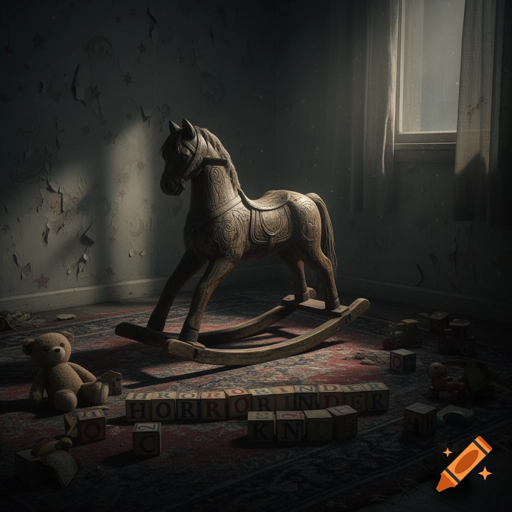 An eerie, dark room with an ornate wooden rocking horse. A teddy bear sits near building blocks spelling "HORROR". Dim light from a window illuminates peeling wallpaper and a patterned rug, creating a creepy atmosphere.