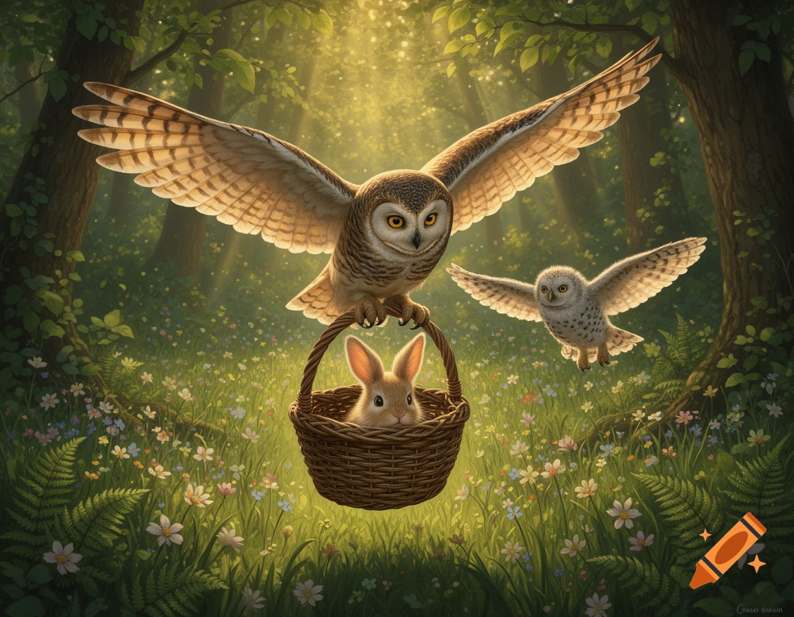 A large owl with spread wings carries a rabbit in a woven basket while a smaller owl flies behind them in a sunny, flower-filled forest.