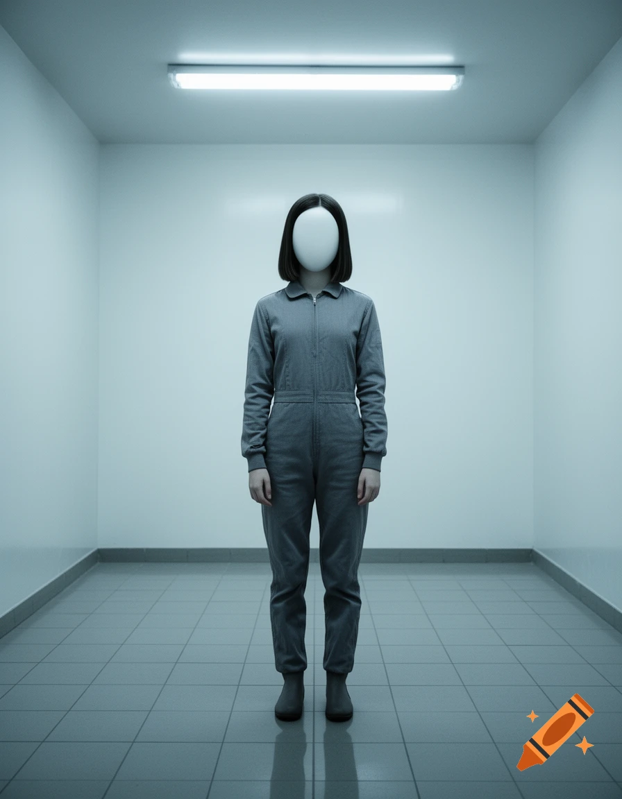 Faceless person in a grey jumpsuit with a bob haircut stands centered in a stark, white, empty room under a fluorescent light.
