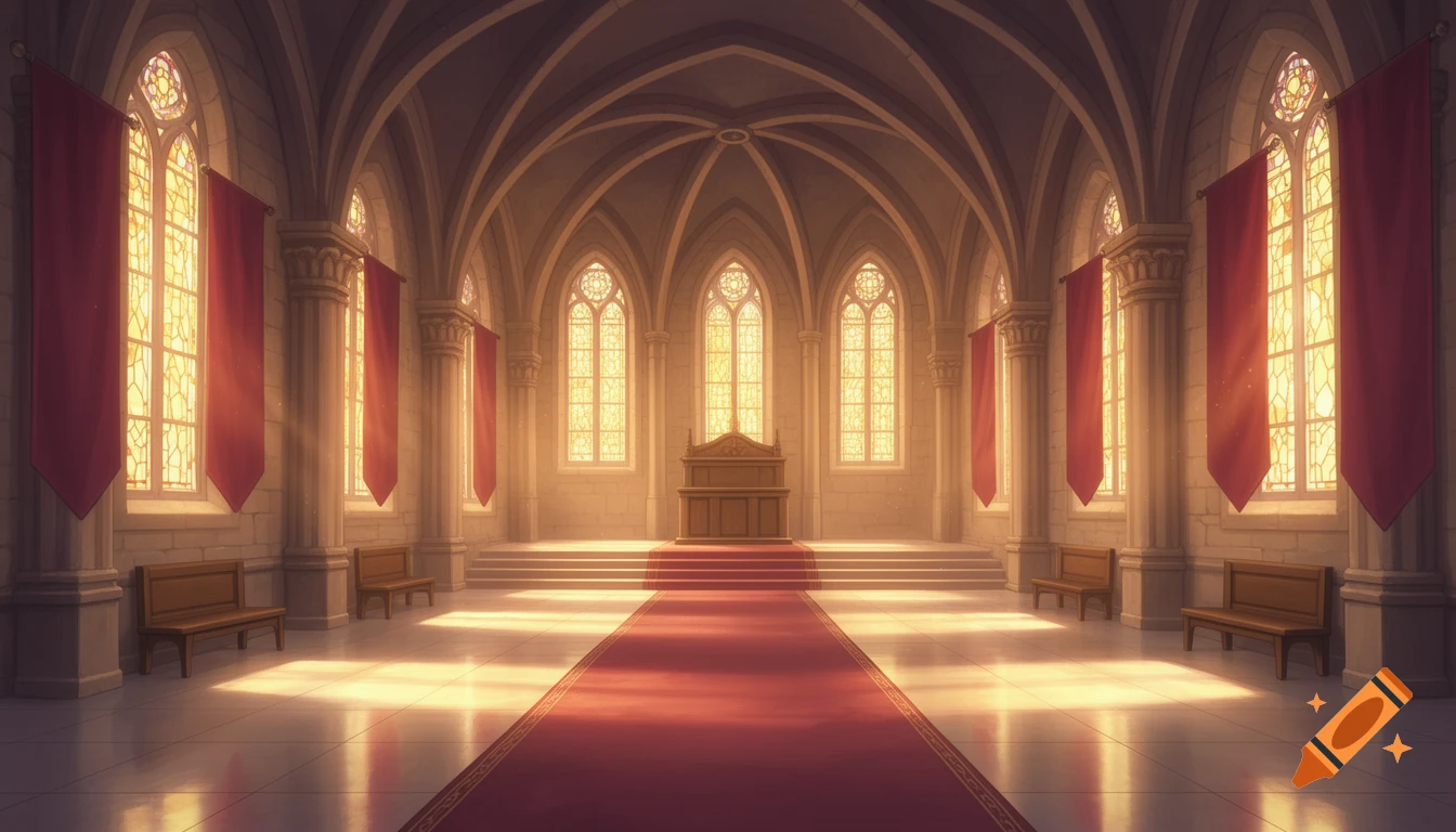A grand, anime-inspired medieval hall with vaulted ceilings, stained-glass windows, red banners, a central red carpet, and a dais.