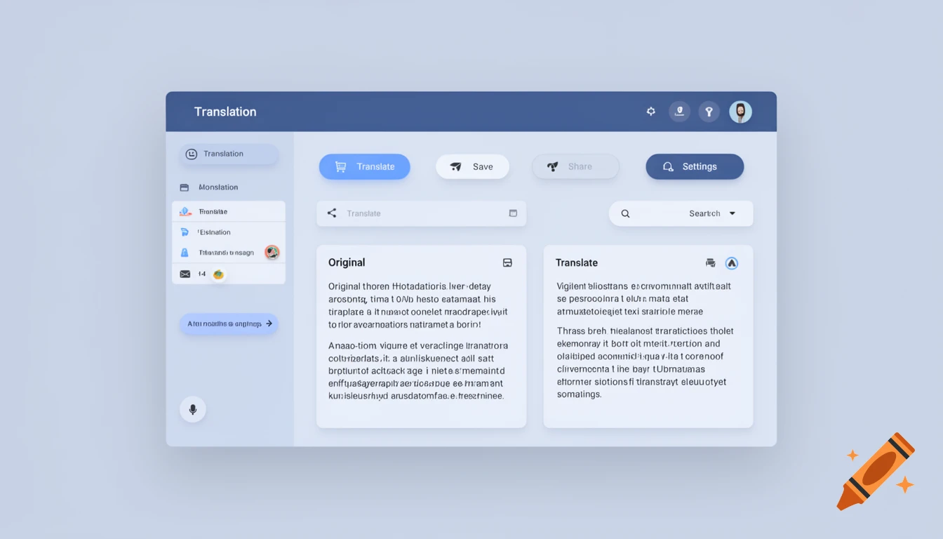 A professional and clean user interface for a translation application with panels for original and translated text.
