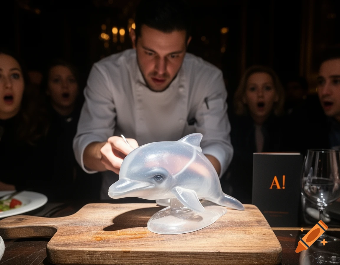 A chef presents a translucent dolphin sculpture on a cutting board to amazed guests in a dimly lit restaurant, lit by a smartphone flash.