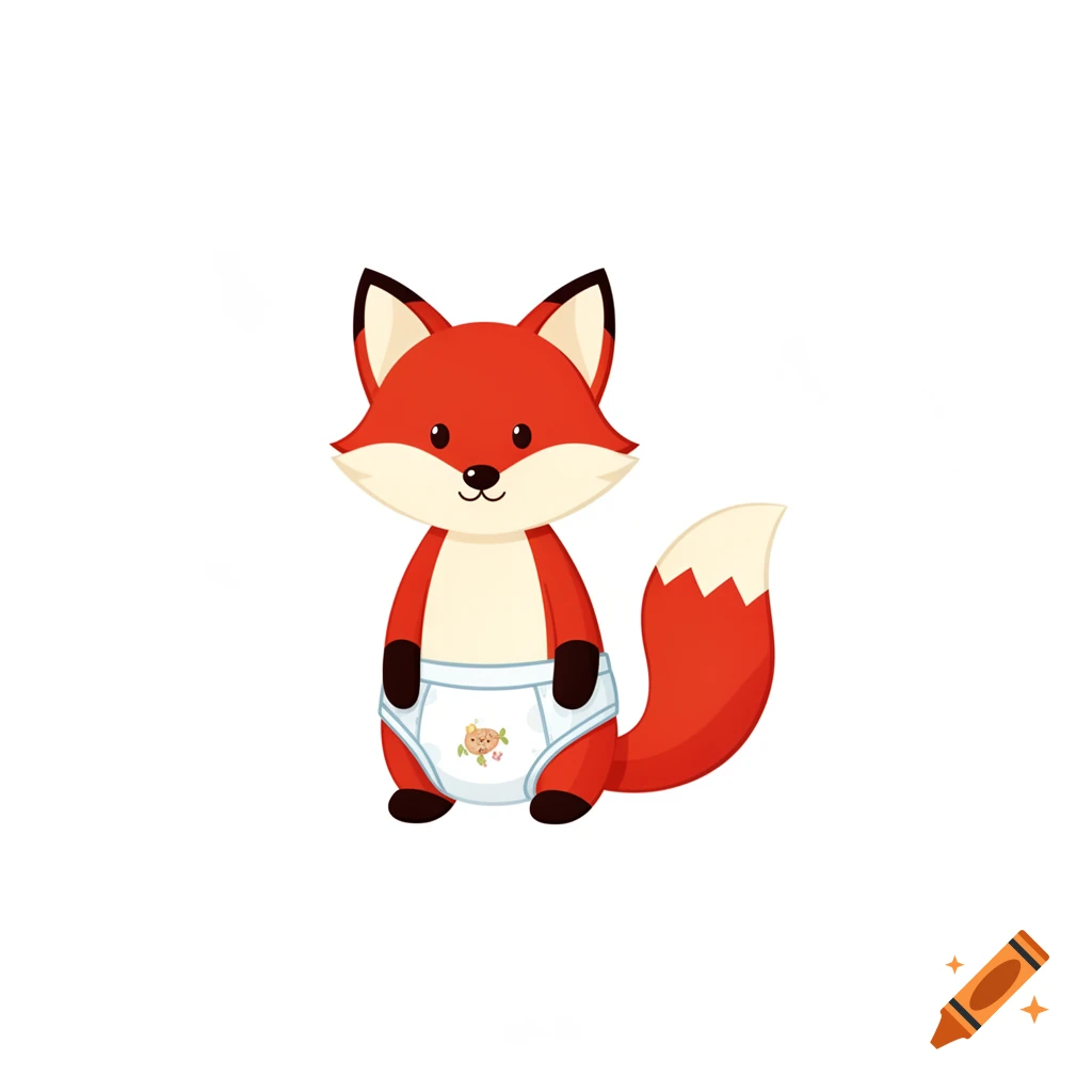 A cute cartoon red fox with a white belly wears a white diaper with a small brown teddy bear design.