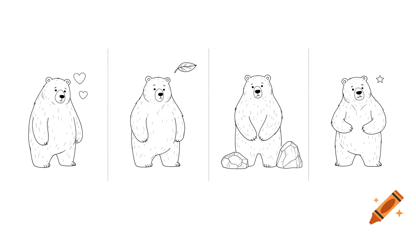 Four minimalist line art panels depicting a cartoon bear showing tenderness, calmness, strength, and bravery.