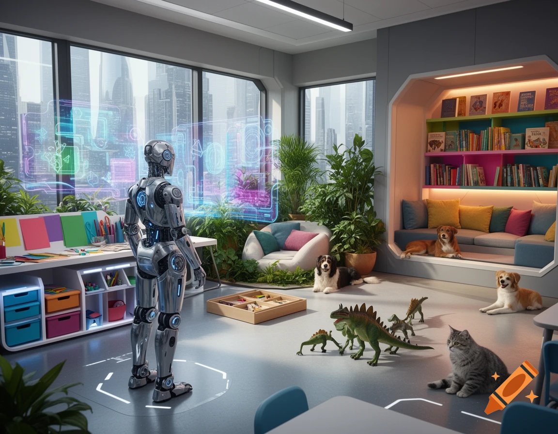 A robot stands in a futuristic classroom with large windows, surrounded by plants, toy dinosaurs, and a reading nook with dogs and a cat.
