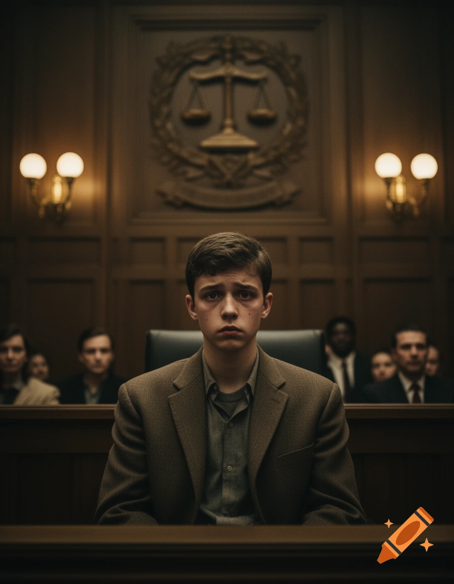 Cinematic portrait of a distressed young man in a brown suit jacket, sitting in a dim, wood-paneled courtroom.