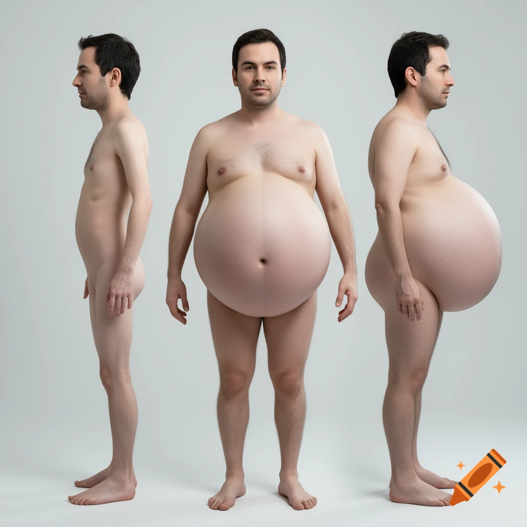Three full-body portraits of the same man on a white background, from left to right: side view of a slender man, front view of a man with an extremely distended belly, and side view of a man with an extremely distended belly.