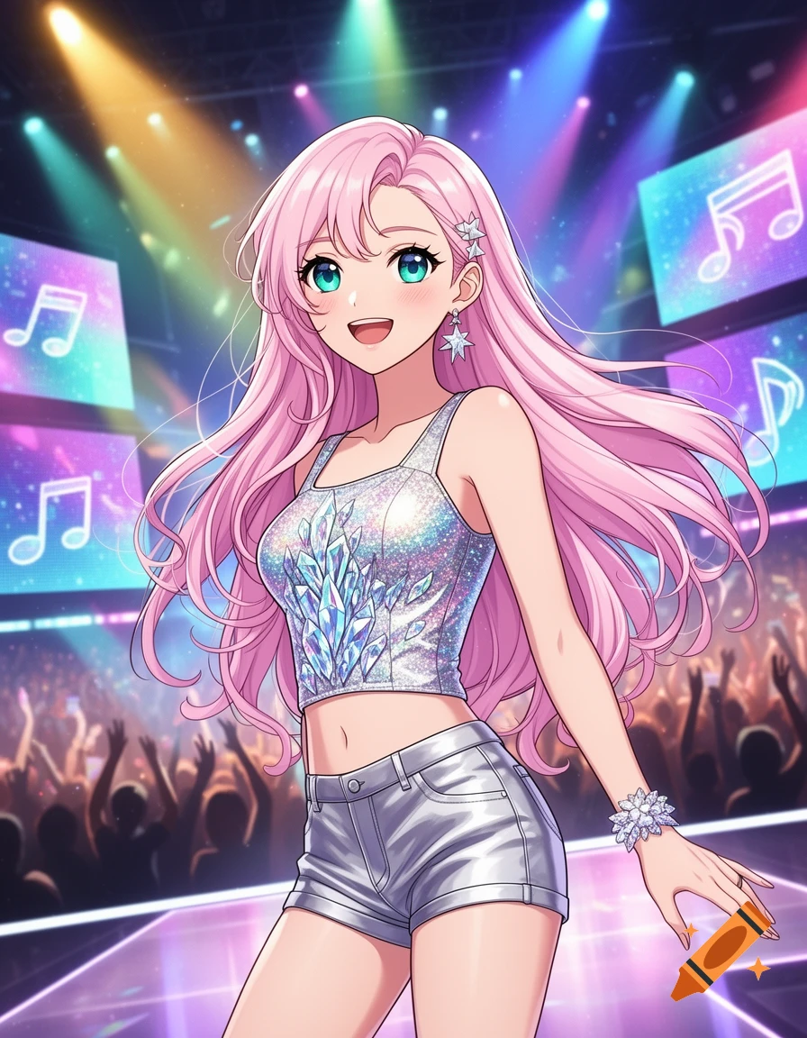 An anime-style K-pop woman with pink hair and a sparkly outfit performs on a stage with screens displaying musical notes.