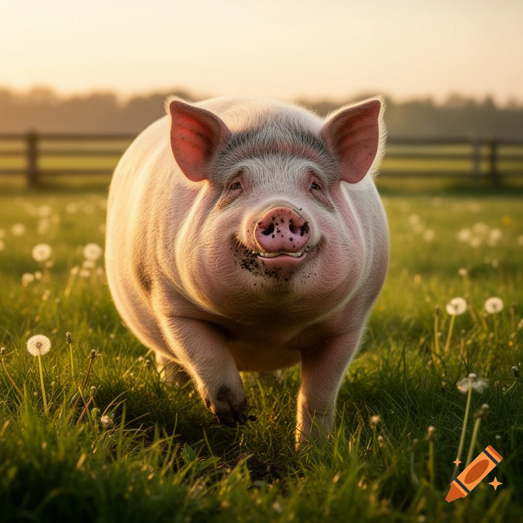 A happy pink pig with a dirty snout smiles while walking through a sunny green field with dandelions.