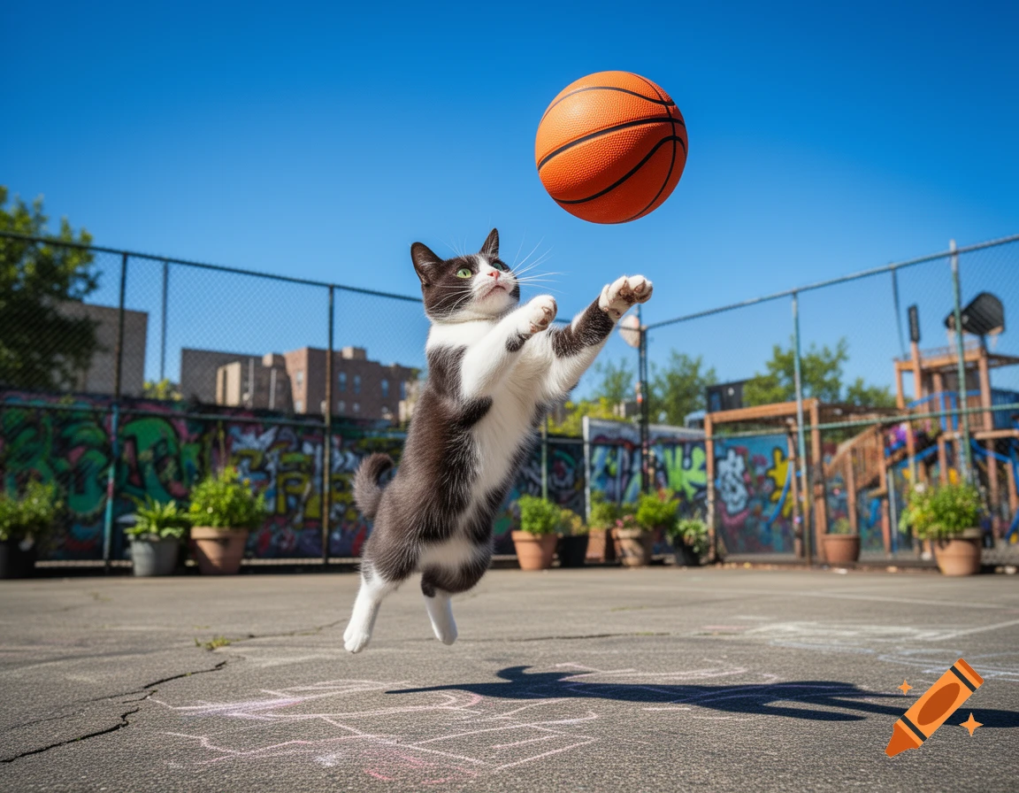 A photorealistic black and white tuxedo cat jumps to bat a basketball on an outdoor playground with graffiti art.
