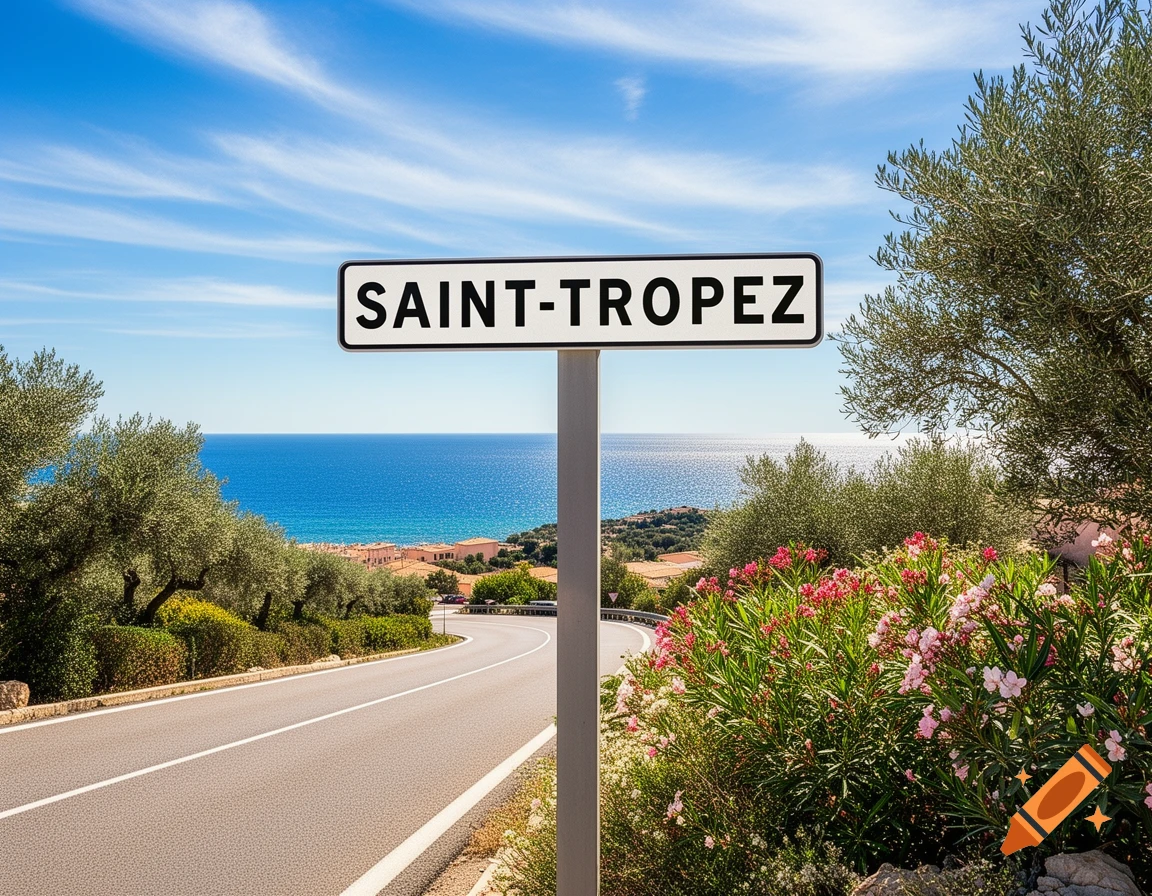 Photorealistic image of a "SAINT-TROPEZ" road sign on a sunny coastal road overlooking the blue sea, surrounded by olive trees and pink flowers.
