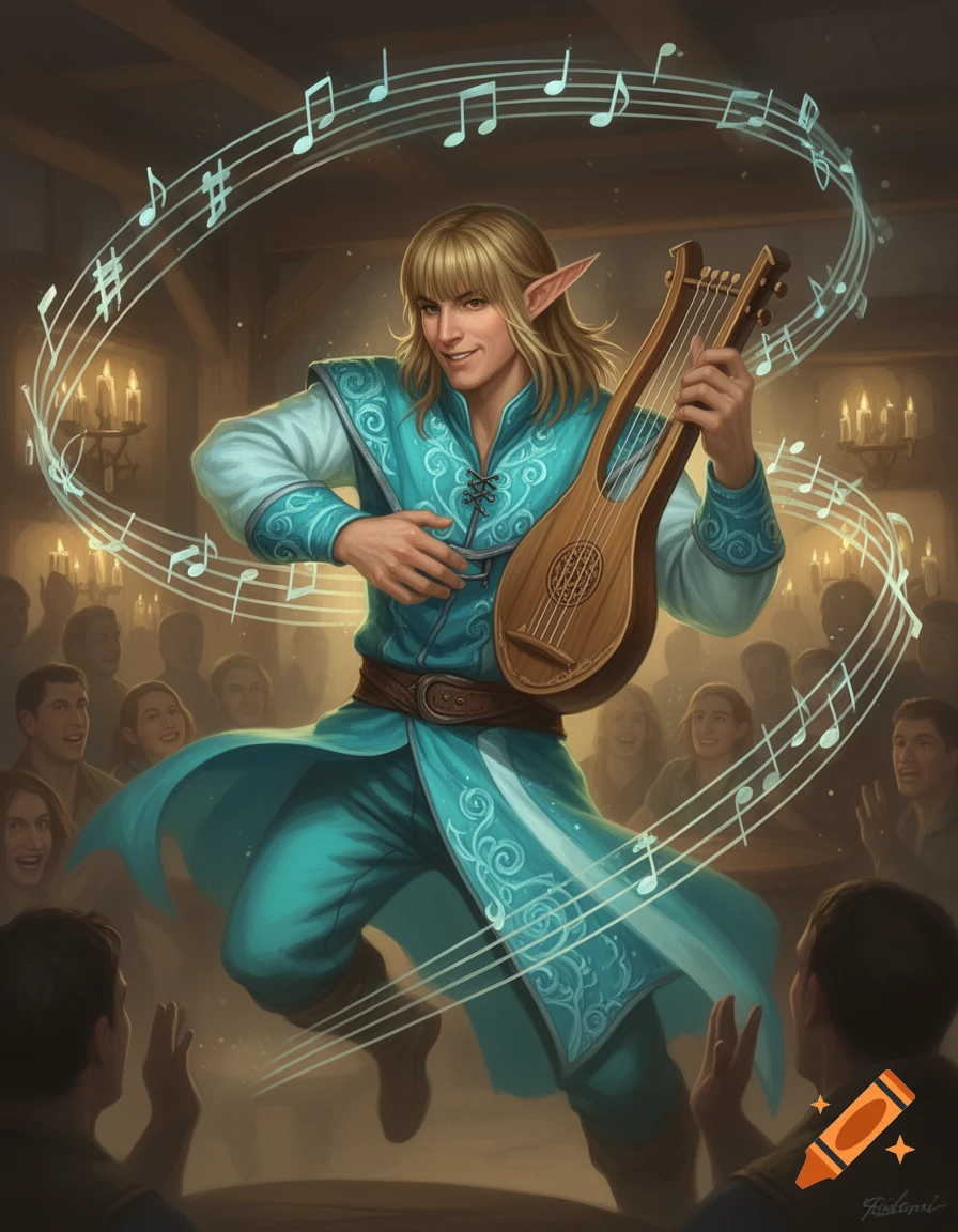 A fun-loving half-elf bard with dirty blonde hair and pointed ears, dressed in aqua clothes, leaps while playing a lyre in a tavern. Music notes float around him as a crowd watches.