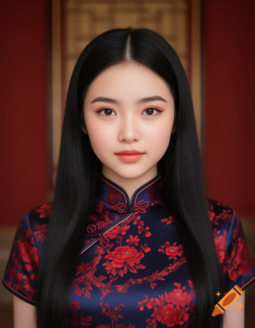 Photorealistic portrait of a young Asian woman with long black hair, wearing a navy blue cheongsam with red floral patterns.