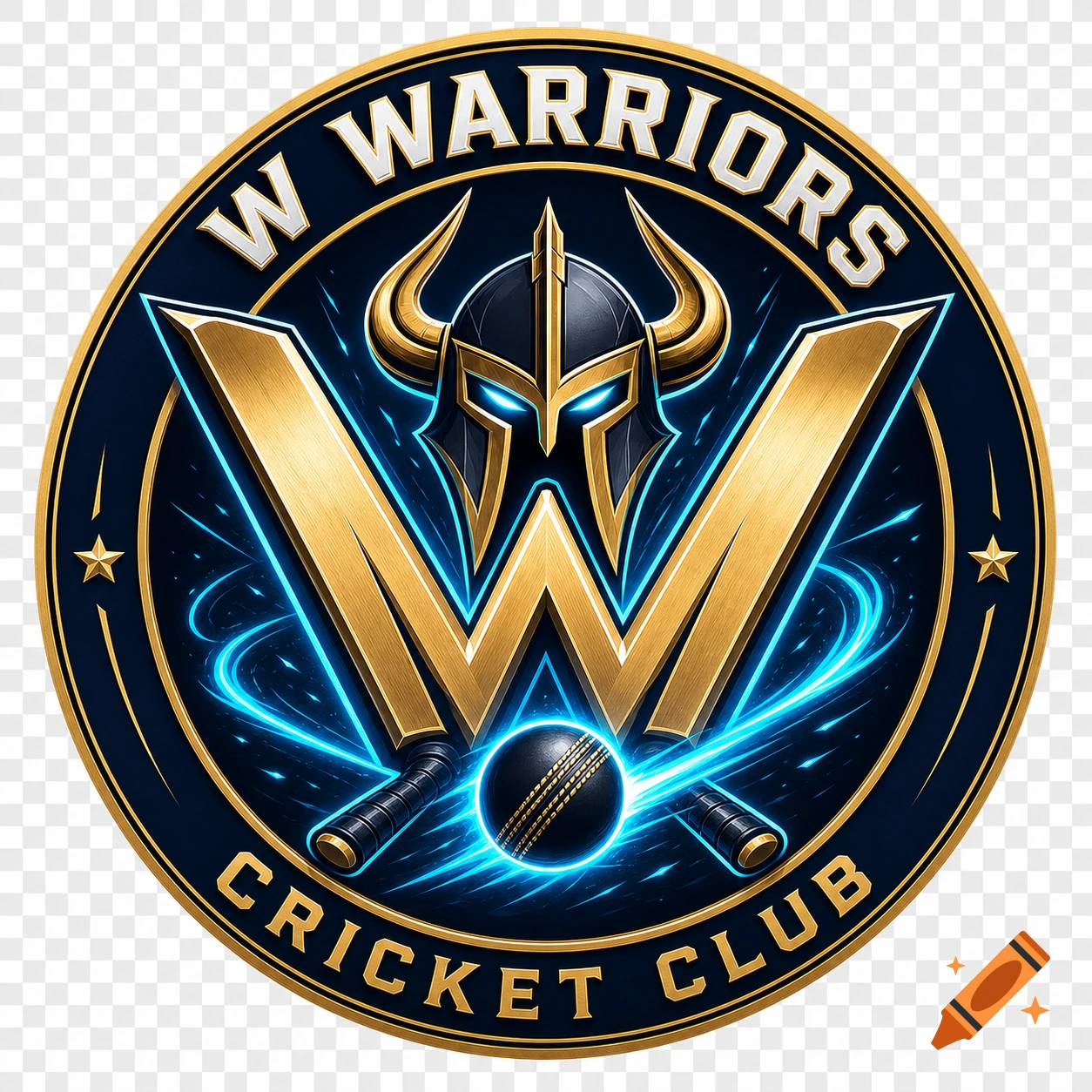 Circular sports logo for 'W Warriors Cricket Club' with a stylized gold 'W' cricket bat, warrior helmet, and glowing cricket ball on a navy background.