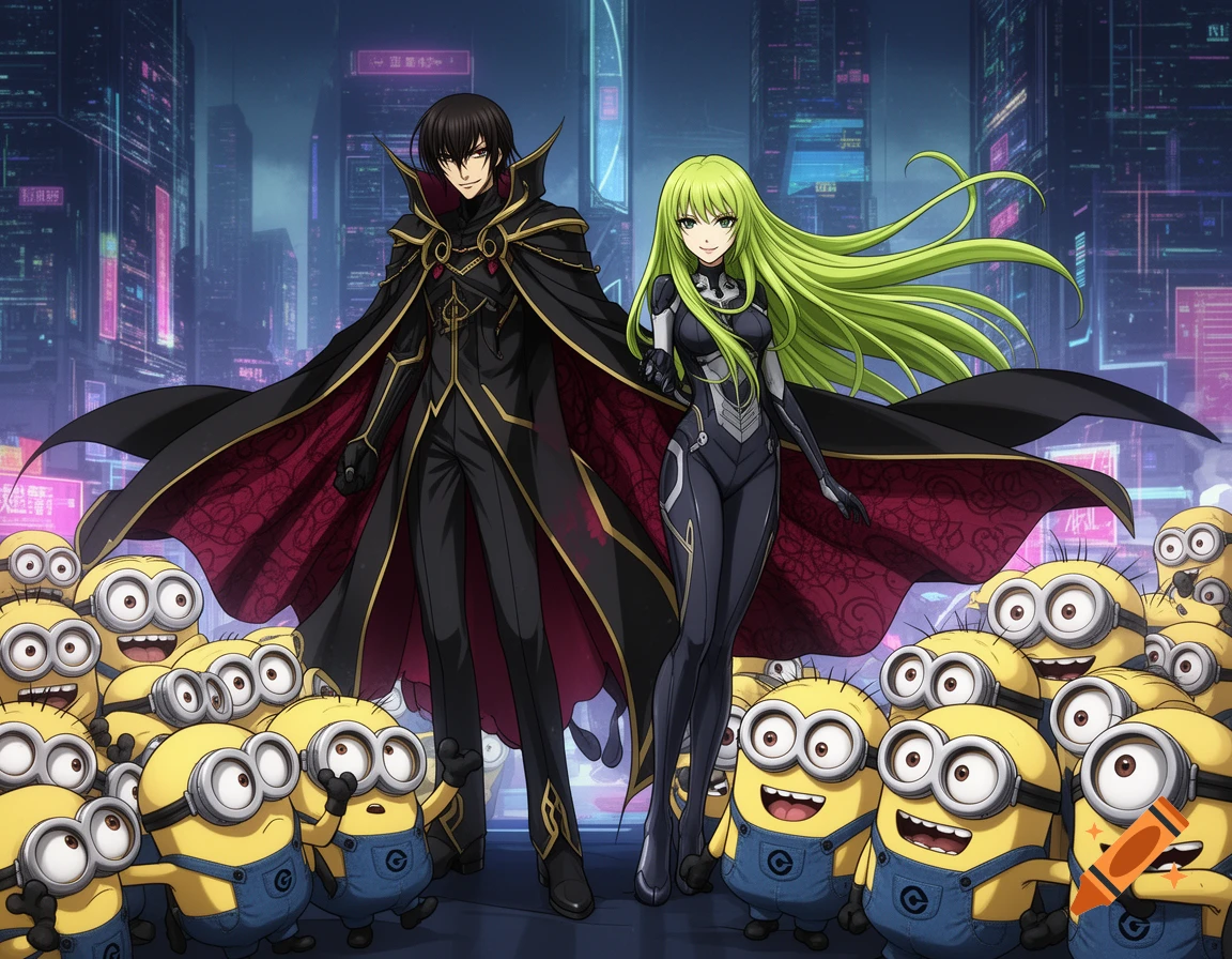 Lelouch and C.C. from Code Geass stand with many Minions in a futuristic city at night, anime style.