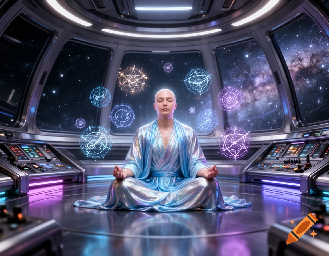 A bald person in a shimmering blue robe meditates cross-legged in the cockpit of a futuristic spaceship, surrounded by glowing arcane symbols.